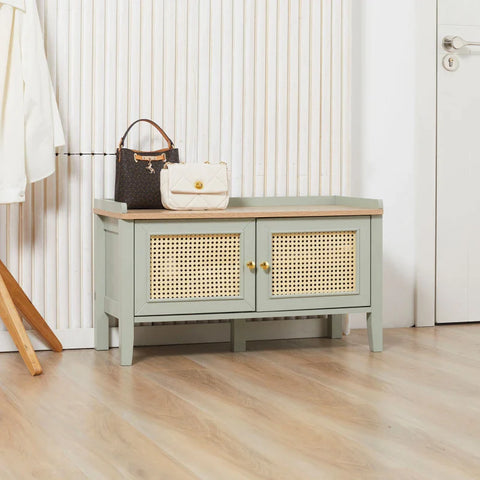 Rootz Shoe Cabinet - Storage Space - Rattan Weave - Elegant Color Design - Living Room - Mdf Construction - Green - 80L x 35W x 45H cm