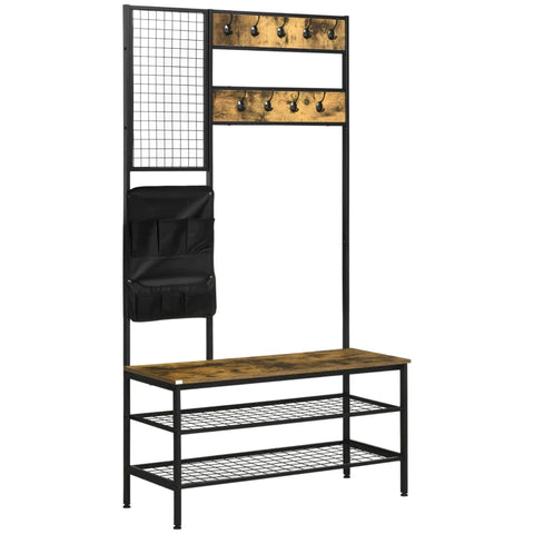 Rootz Wardrobe - Industrial Design - 1 Memo Board - Wood Material - 1 Shoe Bench - 8 Coat Hooks - 1 Storage Bag - Black + Brown - 100L x 40W x 185H cm