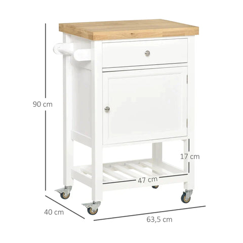 Rootz Kitchen Trolley - Rolling Kitchen Trolley With Storage Shelf - Wheels - Smooth Top - White - 63.5 cm x 40 cm x 90 cm