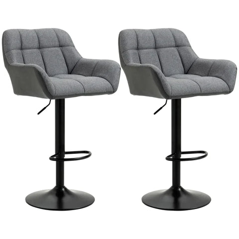 Rootz Bar Stool - Set Of 2 Bar Stool - Retro Design - Height Adjustable - Imitation Leather - Linen Look - Grey + Black - 57.5L x 52.5W x 93-114H cm
