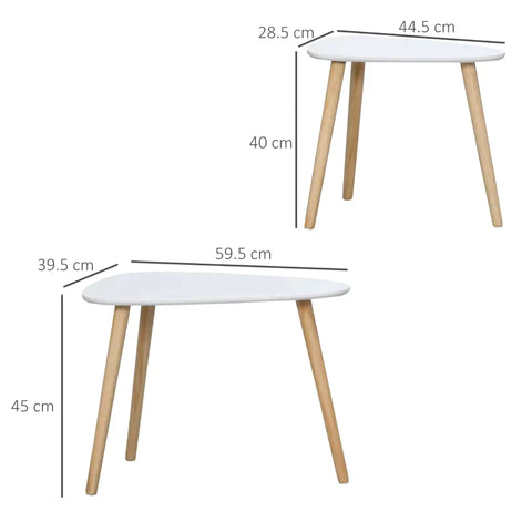 Rootz Side Table - Bedside Table - Set Of 2 Side Table - Triangular Nest Of Tables - End Table With Solid Wood Legs - White - 59.5 cm x 39.5 cm x 45 cm