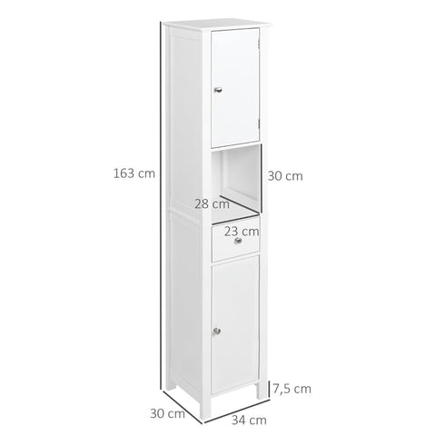 Rootz Bathroom Cabinet - Tall Bathroom Cabinet - With Drawers - Cabinet Storage - Cabinet - 1 Open Compartment - White - 34 x 30 x 163 cm