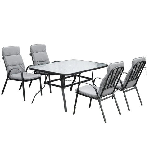Rootz Garden Furniture Set - For 4 People - 1 Table And 4 Chairs Seating Set - Umbrella Hole - Steel + Polyester - Gray + Black - 152.5L x 96.5W x 71H cm