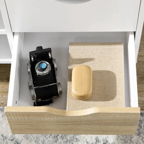 Rootz TV Bench With 4 Drawers - 2 Compartments - Cable Opening - Chipboard - Natural + White - 120 cm x 40 cm x 44.5 cm