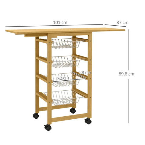 Rootz Kitchen Trolley - 4 Storage Baskets - Extendable Table Top - 4 Wheels - Bamboo - Vegetable Horde - Stainless Steel - Natural - 101L x 37W x 89.8H cm