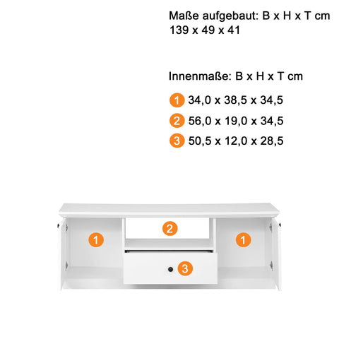 Rootz TV Furniture - TV Cabinet - White - 139 x 49 x 41 cm