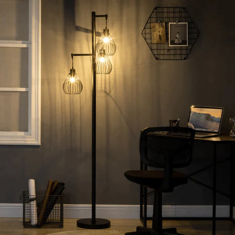Stehleuchte Rootz – 3 Flammen – Gitterschirm – Fußschalter – E27-Fassung – Metall – Schwarz – 48 x 42 x 175 cm