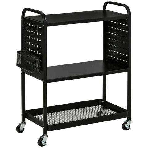 Rootz Kitchen Trolley - Trolley - Outdoor Serving Trolley - Serving Trolley - 3 Shelves Trolley - Steel - Black - 70 x 33.4 x 80.5 cm
