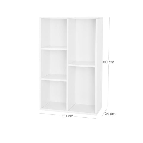 Rootz Bookcase - Bookcase With 5 Compartments - Wooden Bookcase - Wall-mounted - Industrial Bookcase - Tall Bookshelf - Chipboard - Melamine Coating - White - 50 x 80 x 24 cm (W x H x D)