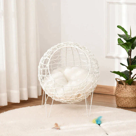 Rootz Rattan Cat Basket - Cat Cave - Cat Hut - Cat Bed with Cushion - Elevated Design - Pet Bed - Cream White - Ø45 x 57H cm