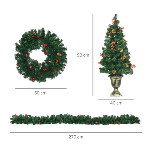 Rootz Kerst Decoratie Set - Kerstversiering - 2 Kerstbomen - 1 Kerstkrans - 1 Kerstslinger - Inclusief LED Verlichting - PVC/ABS - Groen