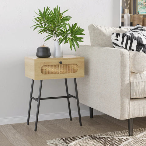 Rootz Side Table With Drawer - Rattan Decor - Natural Wood Look - Chipboard - Natural Wood - 45 x 29 x 61.5cm