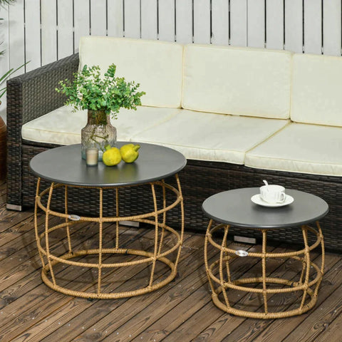 Rootz Garden Table - Set of 2 Boho Style Garden Tables - Weather Resistant - Stackable - Natural + Dark Grey - 60cm x 60cm x 47cm