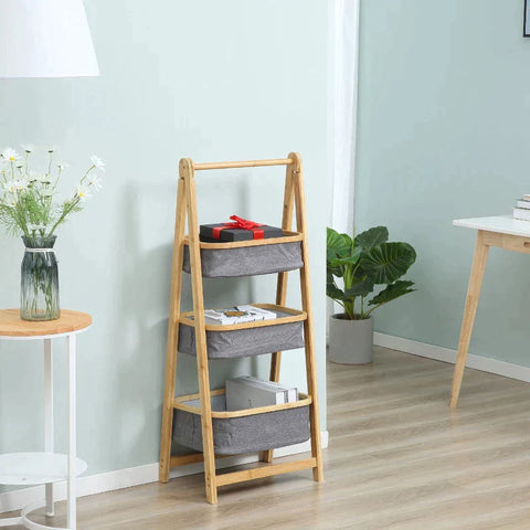 Rootz Standing Shelf - Bamboo Shelf - 3 Tier Shelf - Natural + Dark Grey - 45 cm x 31.5 cm x 108 cm