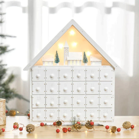 Rootz Christmas Advent Calendar - Christmas Calendar With LED Lights - With 24 Draw Boxes - 2-in-1 Design Christmas Decoration - White - 39 x 9 x 42 cm