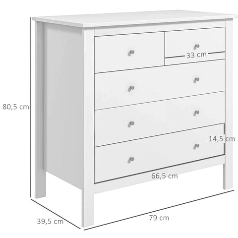 Rootz Chest of Drawers - Sideboard - 5 Drawer - Storage Cabinet - Metal Handles - Runners for Bedroom - White - 79 x 39.5 x 80.5 cm