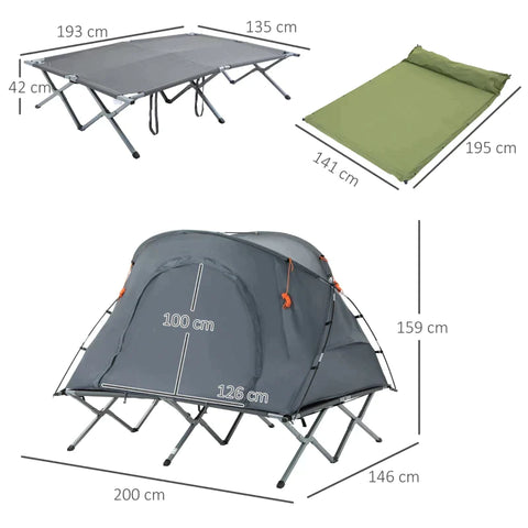 Rootz Tent - 2-Person cot - Two Person Tent - With Camp Bed and Mattress - Foldable - Polyester Taffeta/Oxford Cloth/Fiberglass Pole/Aluminum - Grey - 200 x 146 x 159 cm