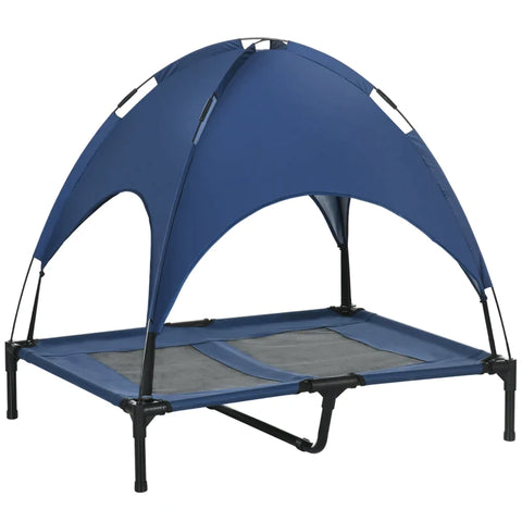 Rootz Dog Bed - Canopy Outdoor - Stylish Pet Bed - Breathable Mesh Fabric - Folding Raised Stand - Lightweight Metal Frame - Blue + Black - L92 x W76 x H90 cm