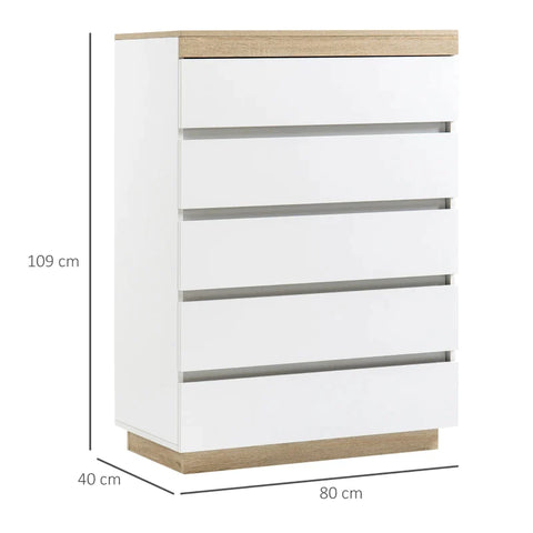 Rootz Chest Of Drawers - Dresser - Drawer Cabinet - Cabinet - With 5 Drawers - Chipboard - White/Oak - 80 x 40 x 109 cm