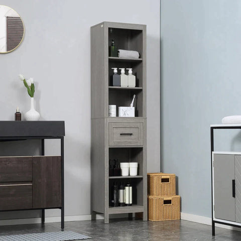 Rootz Bathroom Cabinet - 5 Shelves 1 Drawer - MDF Wood - White - 42cm x 30cm x 170cm