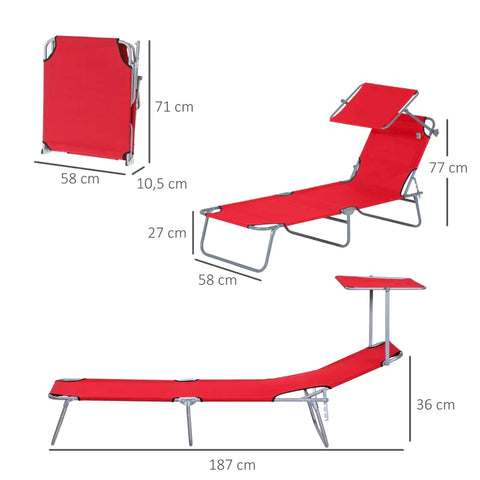 Rootz Sun Lounger - Garden Lounger - Wellness Lounger - Beach Lounger - Sun Protection - Red - 187 x 58 x 36 cm