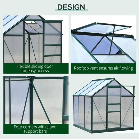 Rootz Greenhouse - Walk-in Mini Greenhouse - Met Dakraam - Schuifdeur - Aluminium/PC Board - Groen/Transparant - 190 x 192 x 201cm