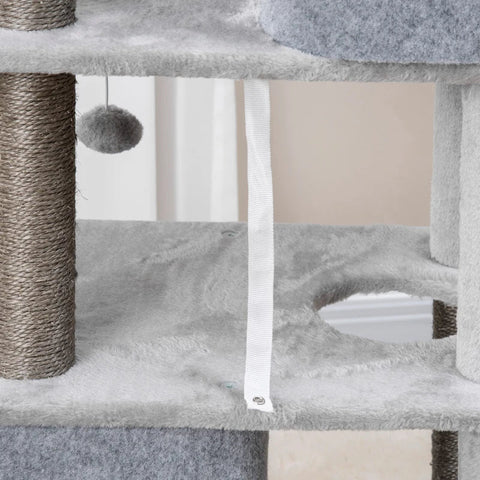 Rootz Scratching Post - Two Houses - Two Platforms - Play Ball - Lounger Basket - Anti-tip - Sisal - Grey - 60 x 40 x 142cm