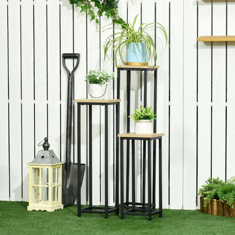 Rootz Plant Stands - Flower Stand - 3-delige Plant Stand Set - Stapelbaar Ruimtebesparend - Staal - Bruin/Zwart - 21cm x 21cm x 50/70/90cm
