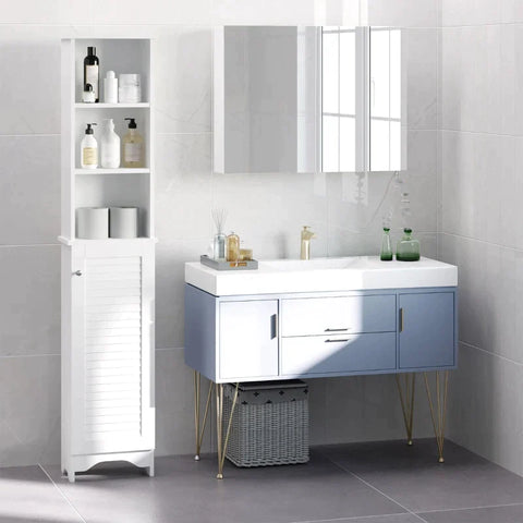 Rootz Bathroom Cabinet - Freestanding 6-tier Tall Bathroom Storage -  Louvered Doors - White - 34 cm x 20 cm x 165 cm