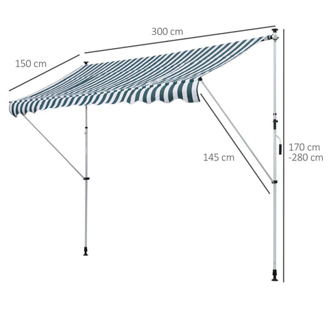 Rootz Clamp Awning - Awning - Folding Arm Awning - Height Adjustable - Weatherproof - Blue/White - 300 cm × 150 cm x 280 cm