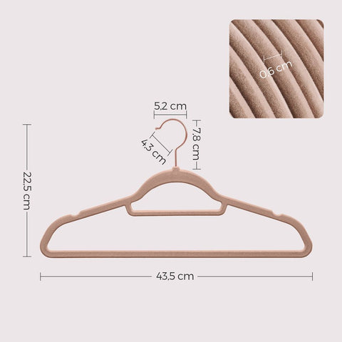 Rootz Hangers - Velvet Hangers - Set Of 50 Velvet Hangers - Velvet Clothes Hanger - Premium Quality Hanger - Stylish Velvet Hanger - Light Brown - 43.5 x 0.6 x 22.5 cm