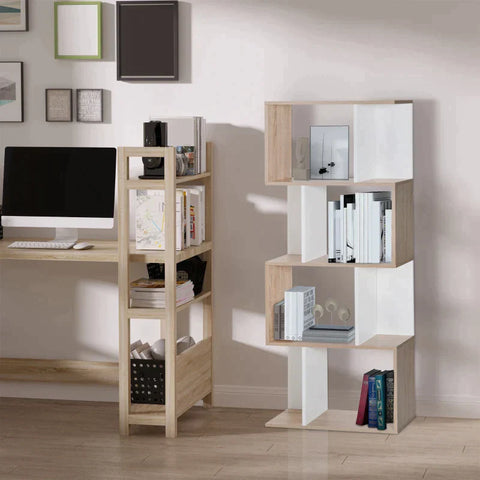 Rootz Bookshelf - Four-Tier S-shaped bookshelf - White & Oak Tone - 60W x 24D x 148H cm