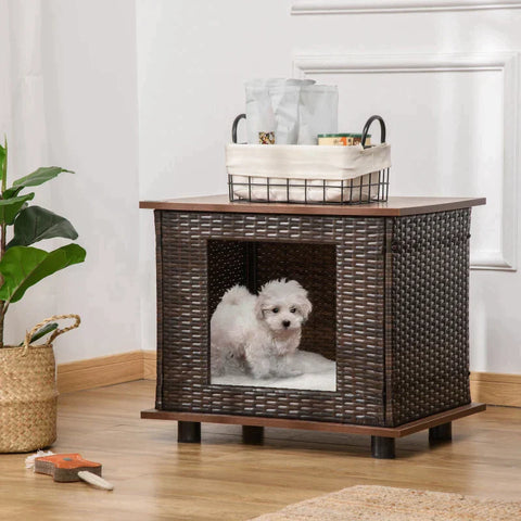 Rootz Rotan Hondenhok - Rotan Hondenkennel - Hondenhok - Met Kussen - Hondenhol - Hondenmatras - Dierenbed - Spaanplaat - Bruin - 60 x 44 x 51,5 cm