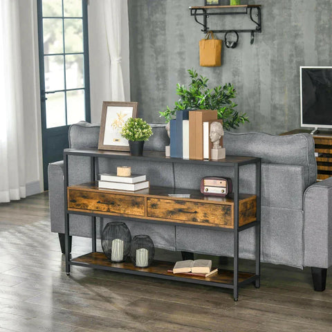 Rootz Console Tafel - Drie Brede Planken En Twee Laden - Industrieel Design - Rustiek Bruin + Zwart - 120 x 30 x 75,5 cm