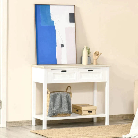 Rootz Console Table - Console Table With 2 Drawers - Retro Design Entrance Hall - Living Room - Bedroom - White + Natural - 100 cm x 40 cm x 80 cm