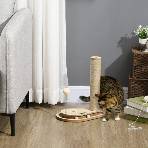 Rootz Scratching Post - Cat Tree - For Kittens Including Toys - Marble Run - Ball With Spring - Chipboard/Jute - Natural - 35 cm x 23 cm x 40 cm