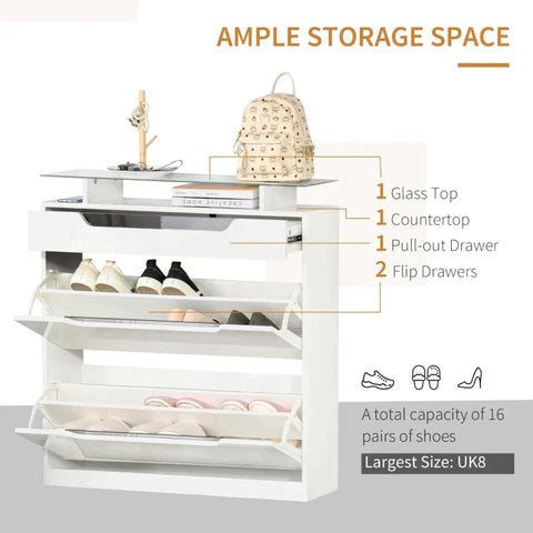 Rootz Shoe Cabinet - Three-drawer Shoe Cabinet - Shoe Rack - Tipping Bucket With Flap Door - Glass Top & Adjustable Shelf - White - 89 x 23 x 96 cm