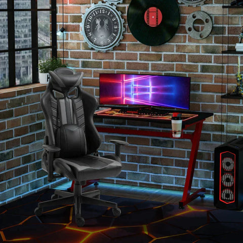 Rootz Gaming Chair - Gaming Chair With Rocker Function - Office Chair - Computer Chair - Desk Chair With Lumbar Cushion - Height Adjustable - Black/Grey - 72 x 77 x 126-136 cm