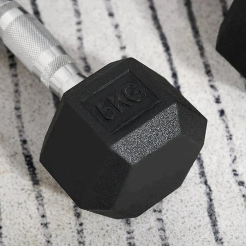 Rootz 2x5kg Hexagonal Dumbbells - Rubber Dumbbell - Knurled Handle - Sports Hex Weights Sets - Weight Lifting Exercise - Home - Gym
