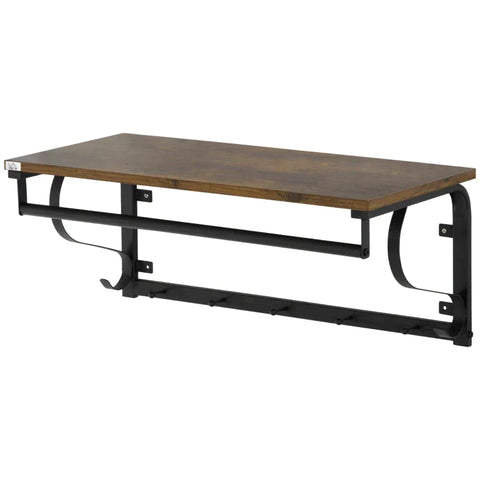 Rootz Wall Shelf - Floating Wall Shelf - Industrial-Style Floating Wall Shelf - With Hooks - Steel/Wood - Brown/Black - 66 x 30 x 27 cm
