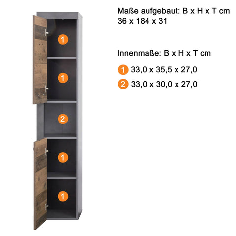 Rootz Bathroom Cabinet - Storage Cabinet - Brown and Gray - 33 x 184 x 31 cm