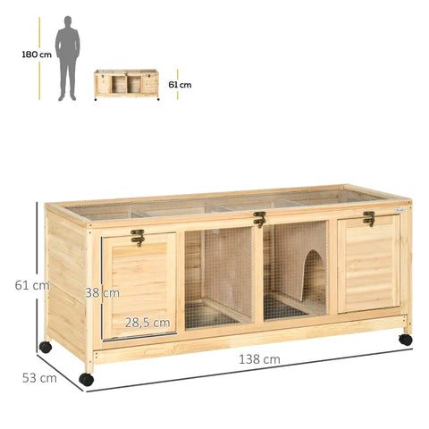 Rootz Kleindierhok - Konijnenhok - Dierenhok - Dierenkooien - 4 Rollen - Dennenhout/Staal - Naturel - 138L x 53B x 61H cm