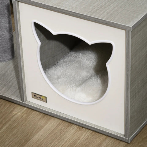 Rootz Scratching Post - Cat House - Cat Cave - With Toy Ball - Washable Cushion - Grey - 59 x 34 x 65cm