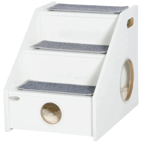 Rootz Pet Stairs - 3 Tier Dog Ramp - Cat Stairs - Dog Stairs - With Sleeping Cave - 3 Rugs - With Non-slip Carpet - White - 60 x 43 x 51 cm