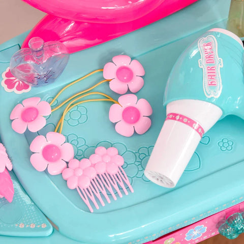 Rootz Children's Dressing Table - With Drawers - Wide Range Of Accessories - Dressing Table With Stool - Light For Girls Aged 3 And Over - Cosmetic Mirror - Sea Blue + White - 49.5 x 25 x 69 cm