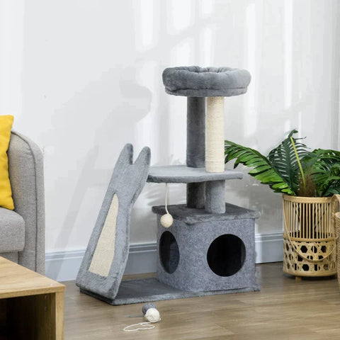 Rootz Scratching Post - One House - Two Platforms - Toy Ball - Sisal - Grey+cream White - 60 x 30 x 83cm