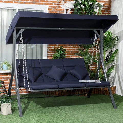 Rootz Porch Swing For 3 People - Hollywood Swing - Seat Cushions - Adjustable Sun Canopy - Up To 270 Kg - Dark Blue - 198 x 118 x 168 cm