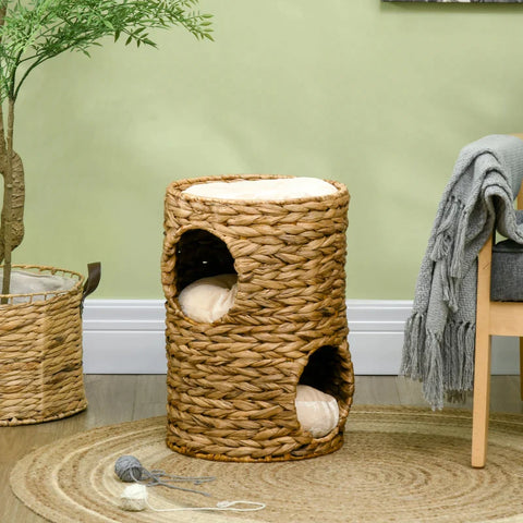 Rootz Cat Tower - Scratching Posts - Cat Cave With 2 Separate Caves - 1 Lying Surface - Water Hyacinth - Natural - 32L x 32W x 47H cm