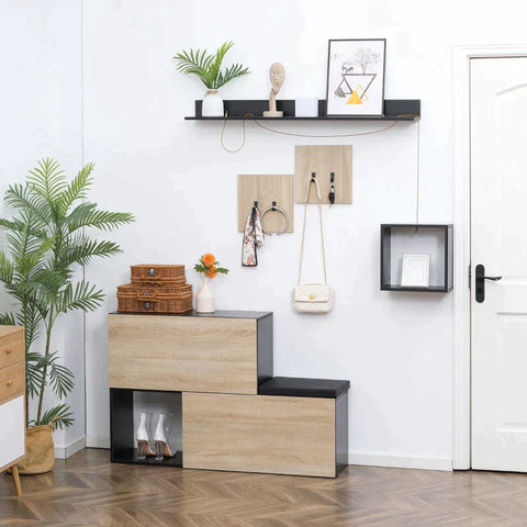 Rootz 4-in-1-Kleiderschrank – Schuhbank und Wandregal – Aufbewahrungsset für den Eingangsbereich – Schwarz + Natur – 120 cm x 32 cm x 78 cm