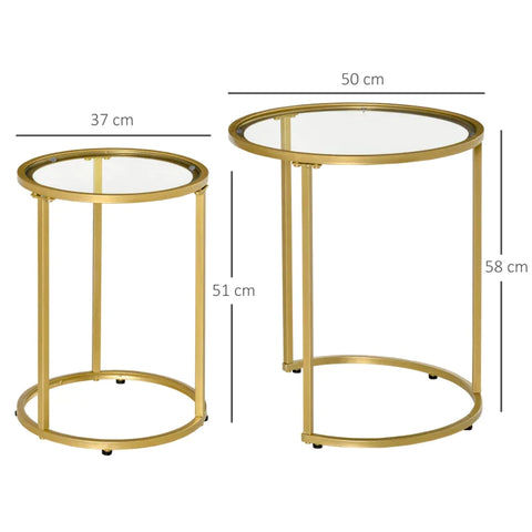 Rootz Set Of 2 Stackable Side Tables - Modern Design - Stackable End Tables - Gold Frame Side Tables - Gold + Transparent - 50cm x 50cm x 58cm